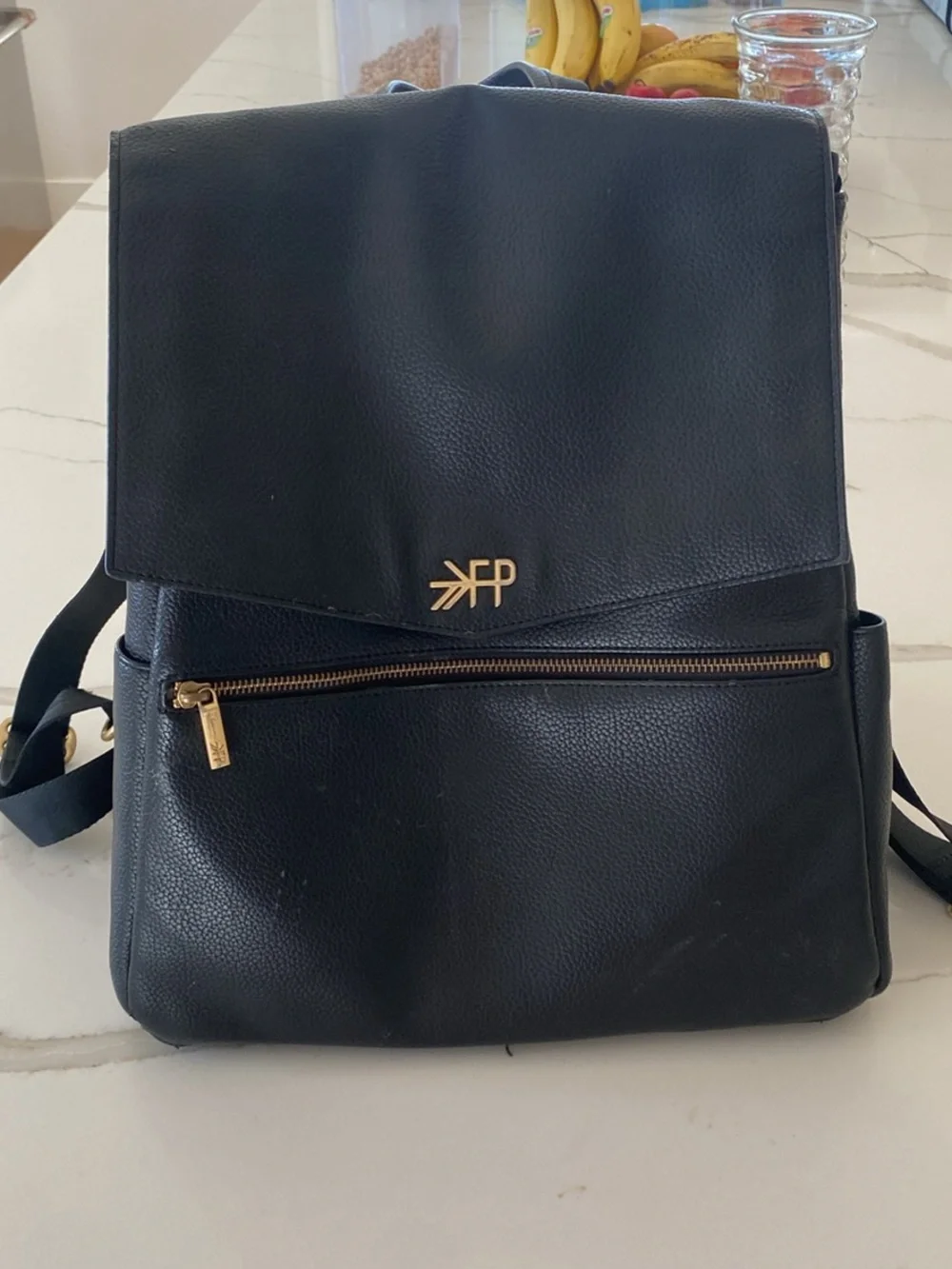 Freshly Picked Black Leather Baby Bag Backpack with Gold Hardware